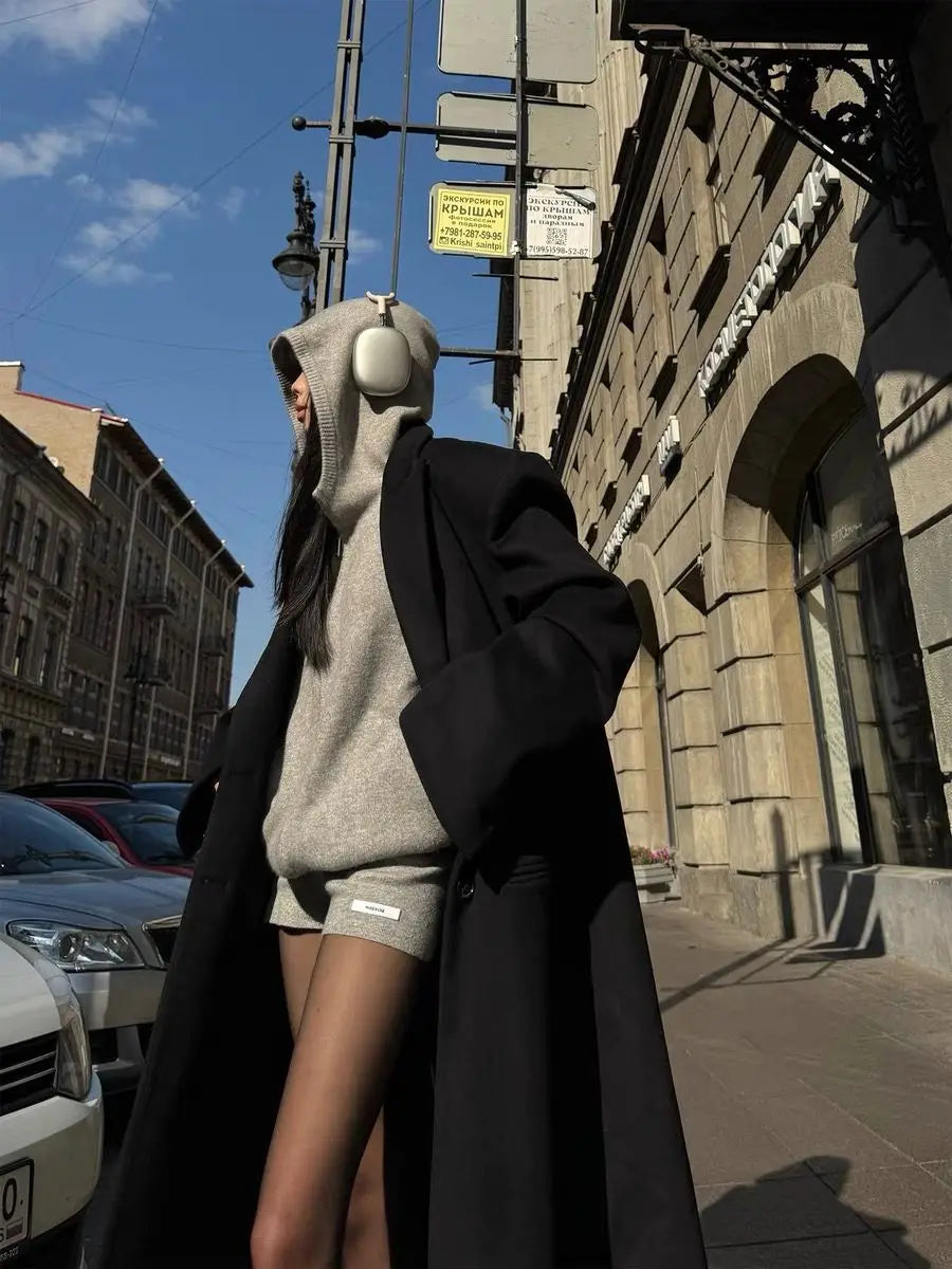 Sweater Set Women American Vintage Hooded Long Sleeve Cardigan Straight Shorts Grey Two Piece Outfit Fall Winter Streetwear Set