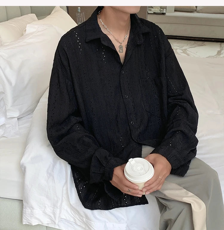 Shirts for Men Hollow Out Lapel Men Blouse Vacation Sexy Handsome Fashion Men Clothing Mesh Long-sleeved Shirts Black/Apricot