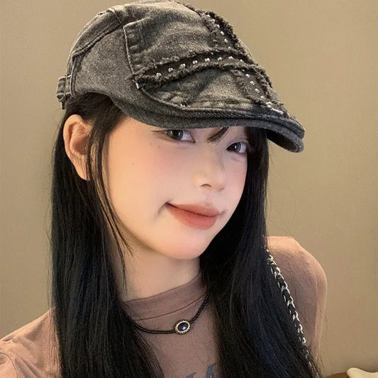 Women's Balck Hats Large Cap Retro Black Denim Riveted Washed Aged Beret American Hat Trend  Chapeau Vintage Hot Girl Y2k Hats