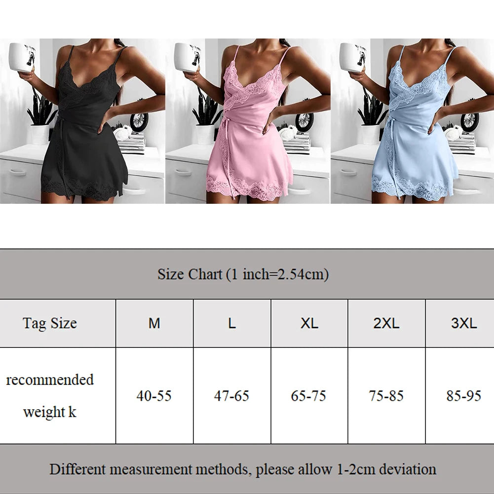 Women\'s Satin Sleepwear Female Backless Nightgown Sexy Lace Nightwear V-Neck Sling Nightdress Solid Color Soft Home Dress