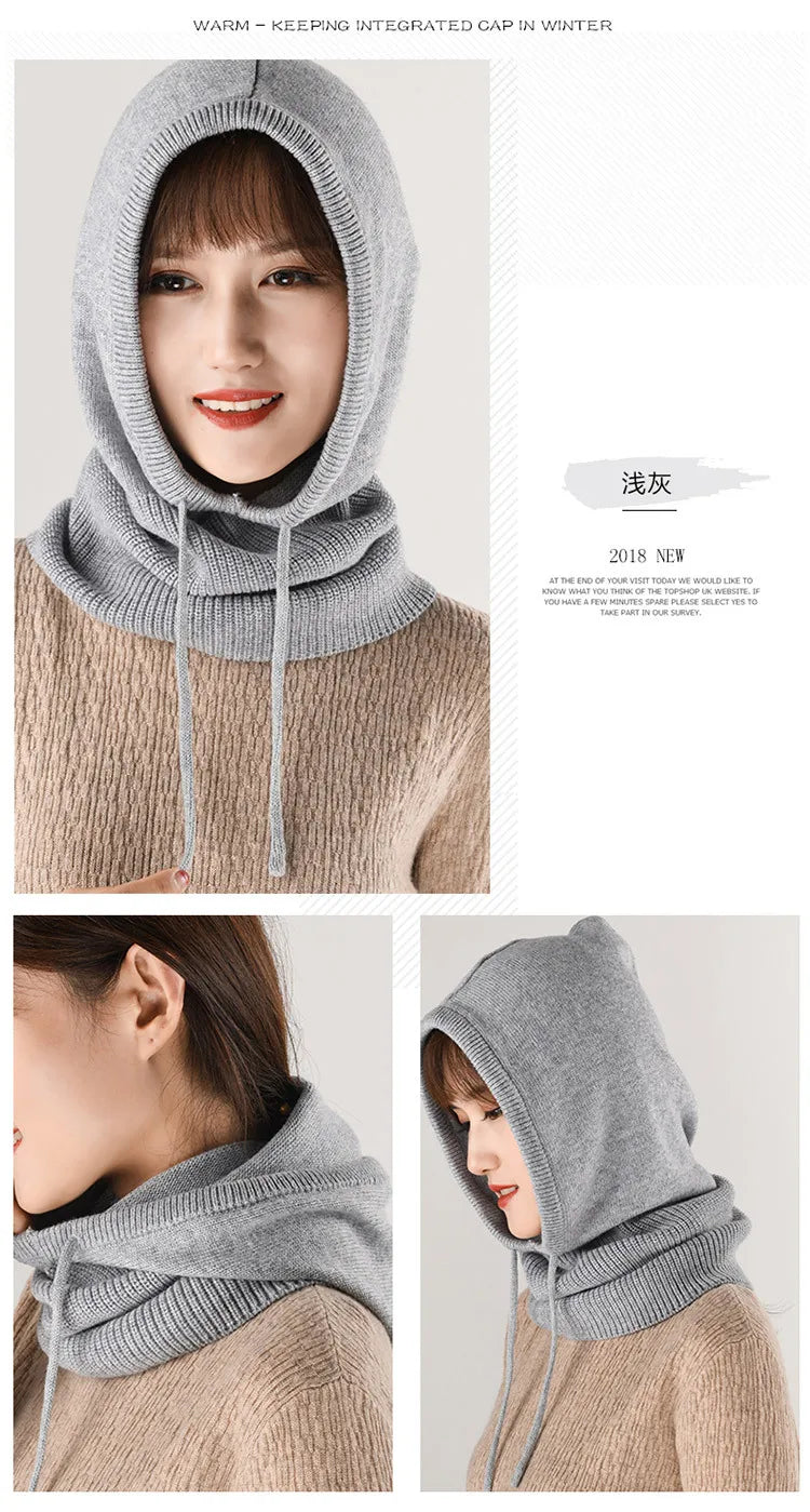 Winter Hats for Women, Wool Blend Hooded Scarf Hat for Girls Balaclava Knit Skull Cap Beanie Hat Neck Gaiters