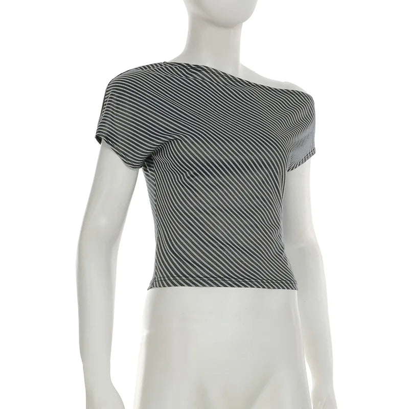 Striped T Shirts For Women Streetwear Inclined Collar Crop Top Y2k Accessories Short Sleeve Grunge Clothes Ropa Mujer Camisetas