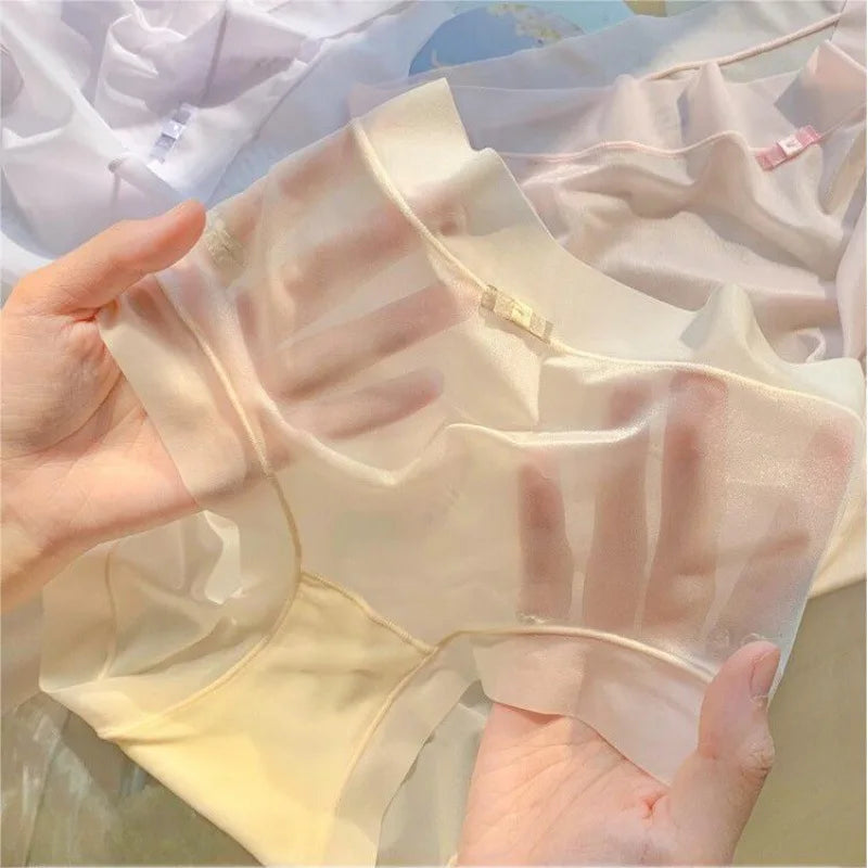 3PCS Women Seamless Panties Ice Silk Transparent Breathable Antibacterial Panty Mid-waist Briefs Cotton Underwear