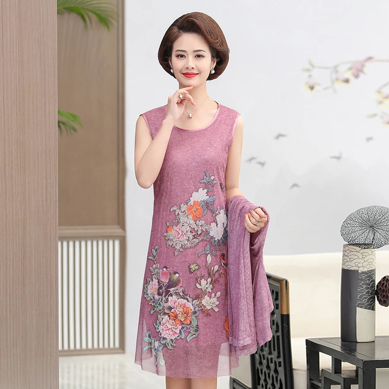 Elegant Dresses Women NEW Summer Casual Retro Temperament printing two Piece Set Dress Mother Dress plus Size