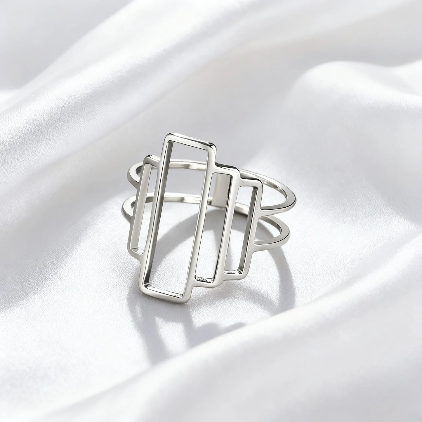 Fashionable and minimalist rectangular geometric ring with hollowed out lines geometric building ring minimalist couple ring