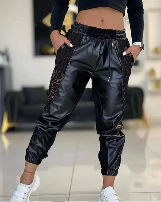 Women's Trousers Casual 2024 Summer Fashion Solid Color Contrast PU Lace Insert Pocket Drawstring High Waist Cuffed Pants