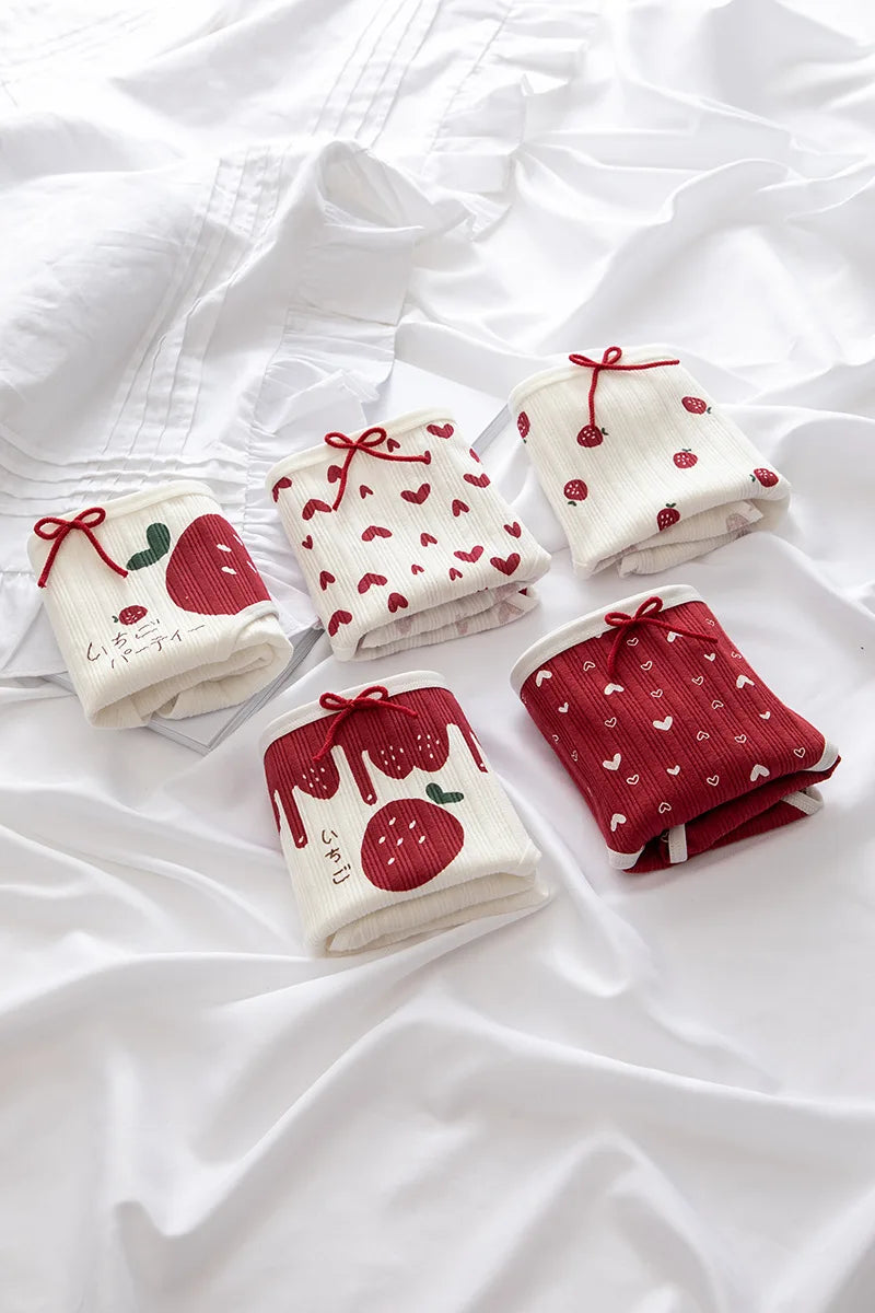 Cotton Panties Female Underpants Sexy Women Underwear Soft Lingerie Lace Up Briefs Strawberry Hearted Printed Pantys