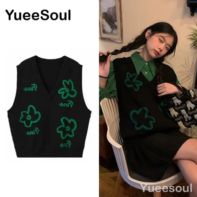 Sweet Kawaii Sweater Vest Printed Sleeveless Casual Outerwear Knitted Waistcoat 2023 Vintage Y2K Spring  E Girl Pullovers Tops