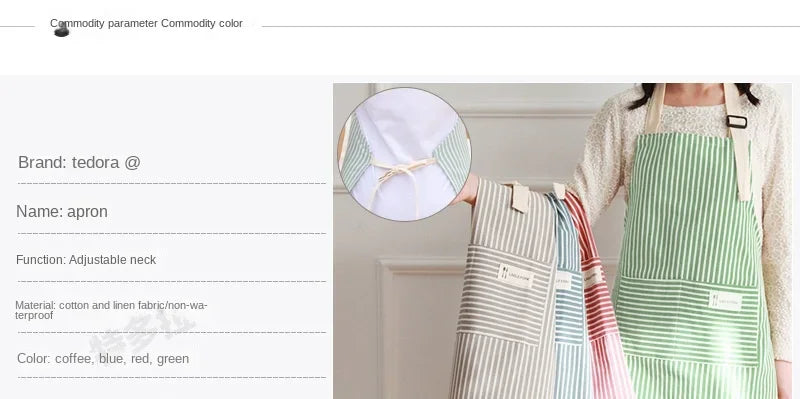 Kitchen Apron Fashionable Linen Striped Aprons For Restaurant Work Chef Waiter Adjustable Size Household Kitchen Cleaning Apron