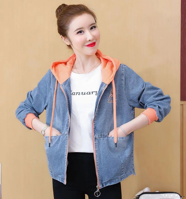 Outerwears Embroidered Spring Autumn Hooded Female Jeans Coat with Print Graphic Women's Denim Jackets Luxury Low Price Harajuku