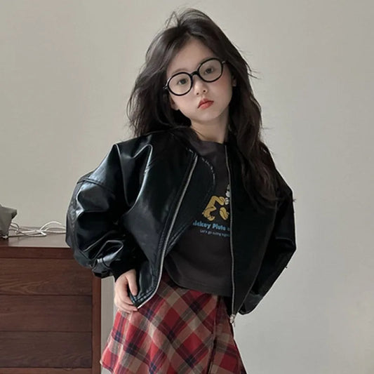 Girls' outerwear Spring and Autumn 2025 New Fashionable Outerwear Short Leather Jacket Autumn Clothing for Children