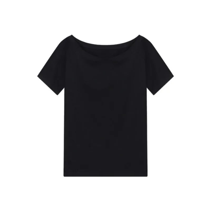 T-shirts Women Niche Design Off Shoulder Solid Short Sleeve Summer Chic Loose Casual Daily Simple Sexy Korean Trendy Street Tops