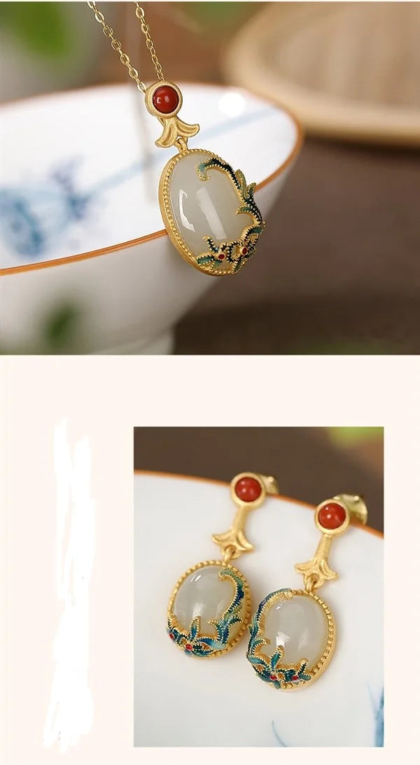 Gold Plated Cloisonne Jewelry Set Inlaid Hetian Jade Chinese Wind Vine Ladies Ring Earring Bracelet Pendant Necklace