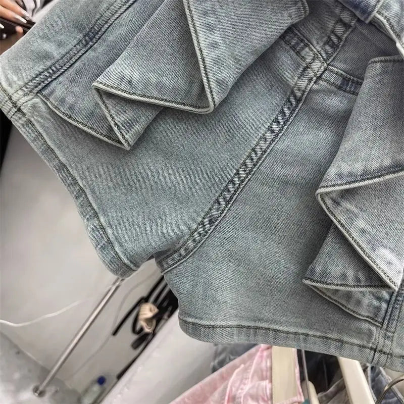 Cute Bow Splicing Denim Shorts for Women Summer High Waist Jeans Hip-lifting Hot Pants Booty Shorts