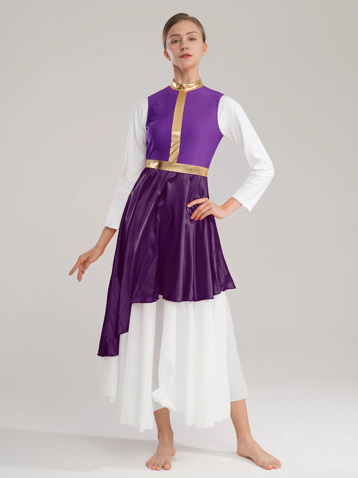 Womens Lyrical Dance Dress Ballroom Dancing Church Choir Stage Performance Costume Sleeveless Asymmetrical Hem Dresses Dancewear
