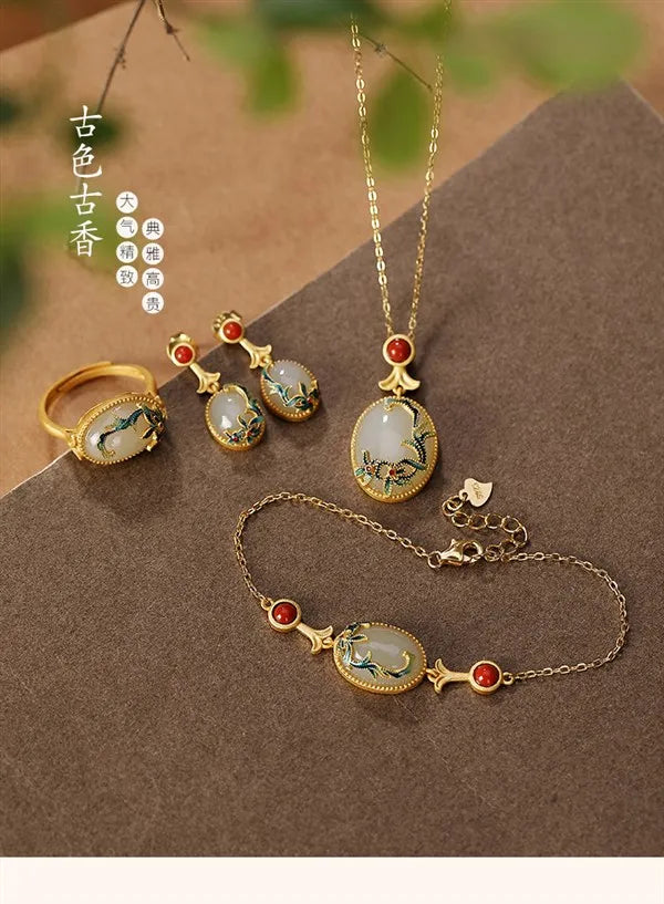 Gold Plated Cloisonne Jewelry Set Inlaid Hetian Jade Chinese Wind Vine Ladies Ring Earring Bracelet Pendant Necklace