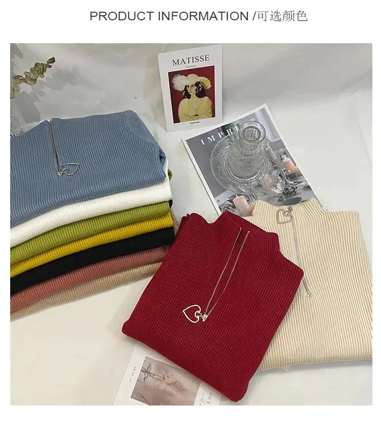 Sweater Women's Autumn and Winter New Semi-turtleneck Love Zipper Core-spun Yarn Bottomed Knitted Sweater Thermal Top