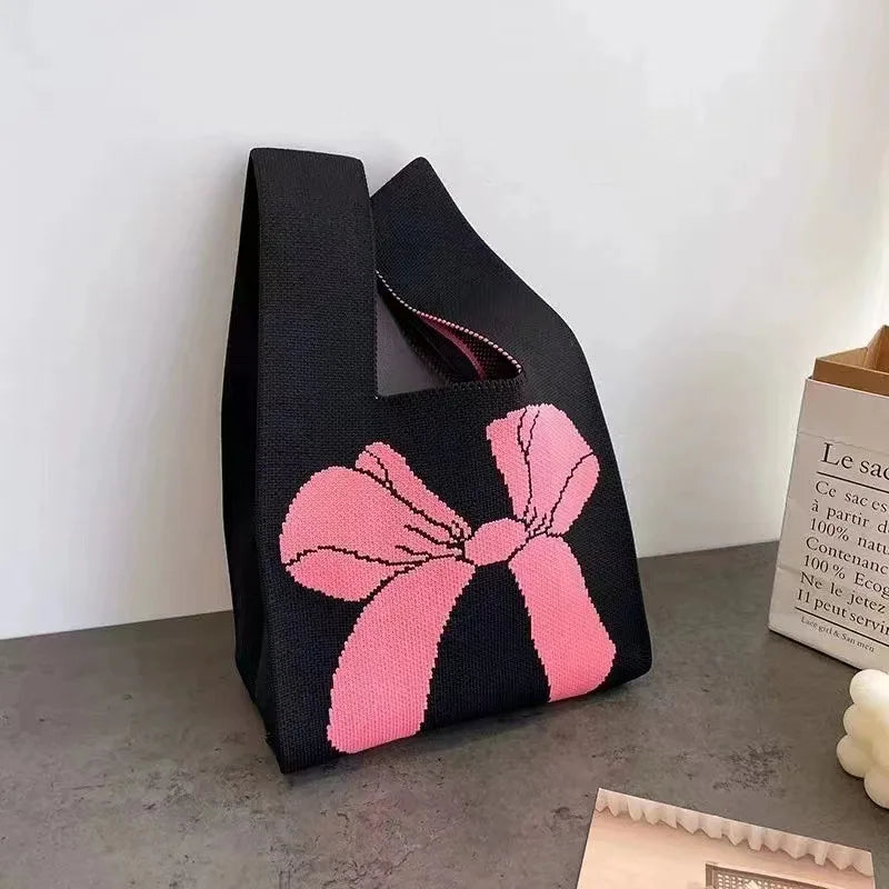 Women's Bow Handbags Women's Knitted Handbags Versatile Wrist Bags Tote Bags Top-Handle Bags Mini Striped Tote Bucket Phone Bag