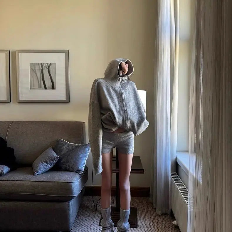Sweater Set Women American Vintage Hooded Long Sleeve Cardigan Straight Shorts Grey Two Piece Outfit Fall Winter Streetwear Set
