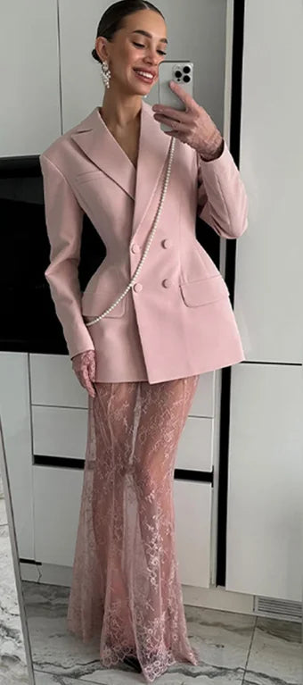 2025 Elegant Blazer Skirt Sets Women Two Piece Double Breasted Jacket Lace See Through Trousers Suits New Party Gown Set