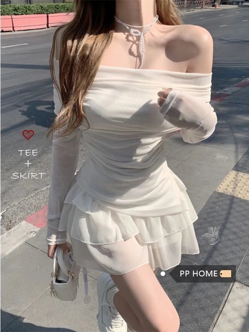 Skirts Sets Women Summer Slim Solid Irregular Skew Collar Ladies Long Sleeve T Shirt Fashion Chic Sweet Ruffles Ball Gown New