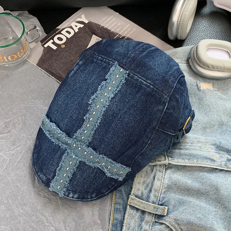 Women's Balck Hats Large Cap Retro Black Denim Riveted Washed Aged Beret American Hat Trend  Chapeau Vintage Hot Girl Y2k Hats