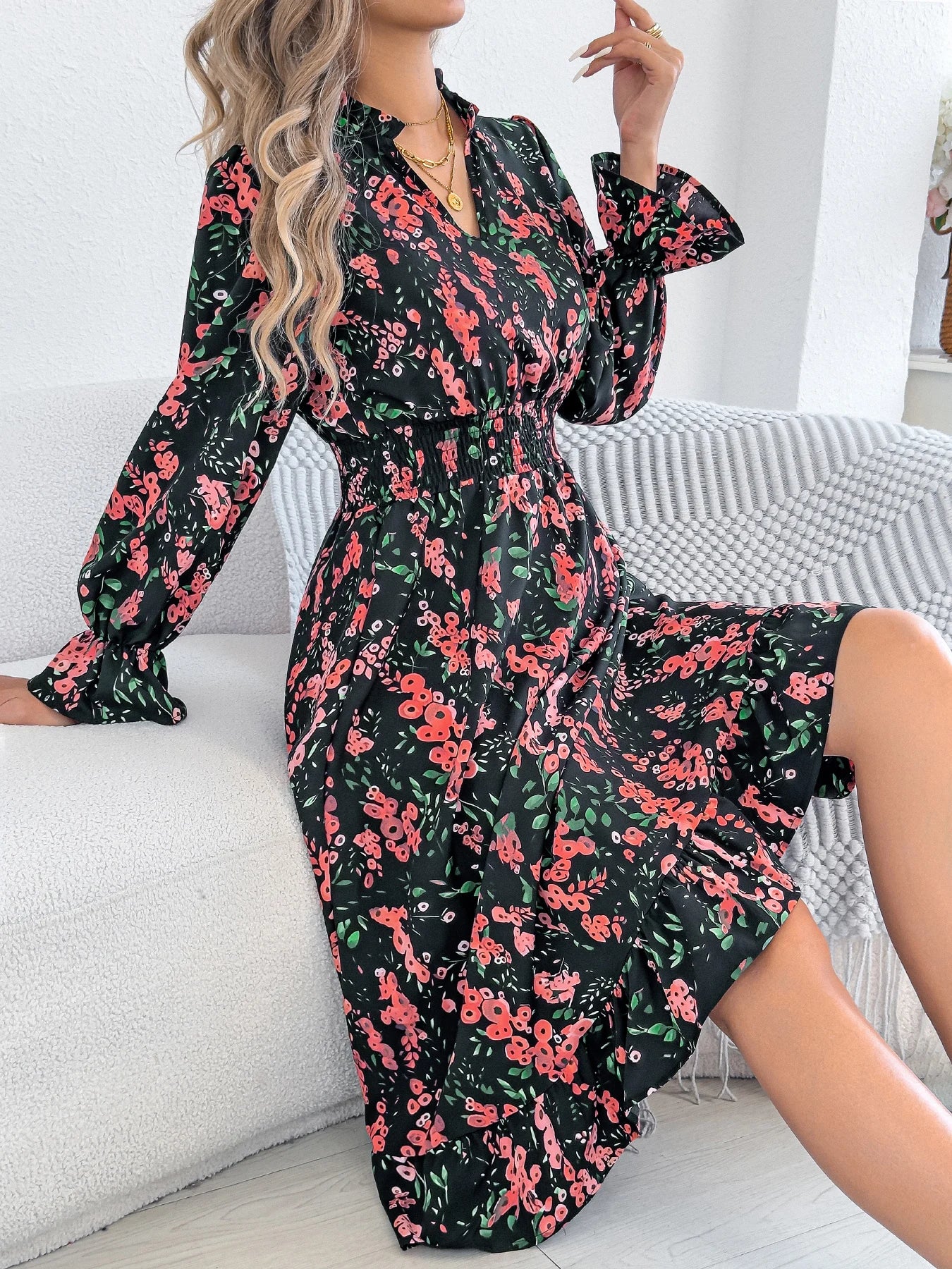 Elegant Floral Print Dresses Women 2025 Autumn Winter V Neck Flare Long Sleeve Ruffled A Line Dress