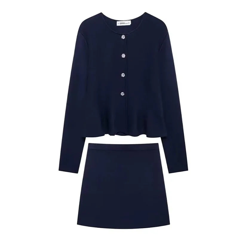 HH Women Skirt Suit O-Neck Single Breasted Long Sleeve Knitted Cardigan Top+Elegant Elastic Waist High Street Mini Skirt