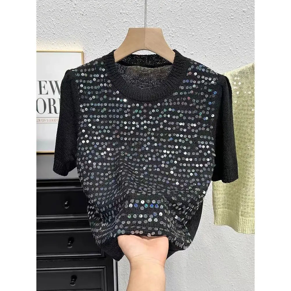 Summer Sweater Short-sleeved T-shirt for Women Temperament and Fashionable Versatile Half-sleeved Sweater Sequin Top
