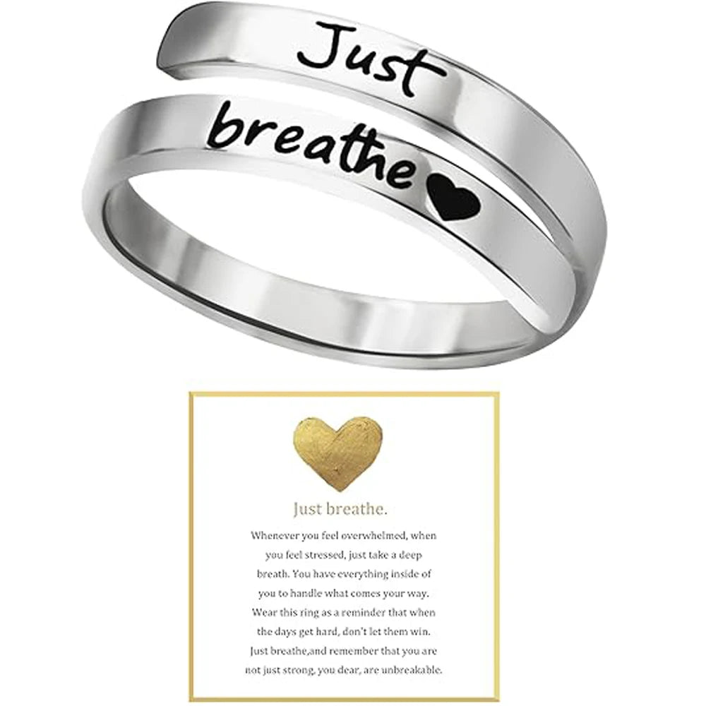 Stainless Steel Ring Just Breathe Ring for Women Men, Spiral Wrap Healing Rings, Inspirational Gifts with Message Card Box