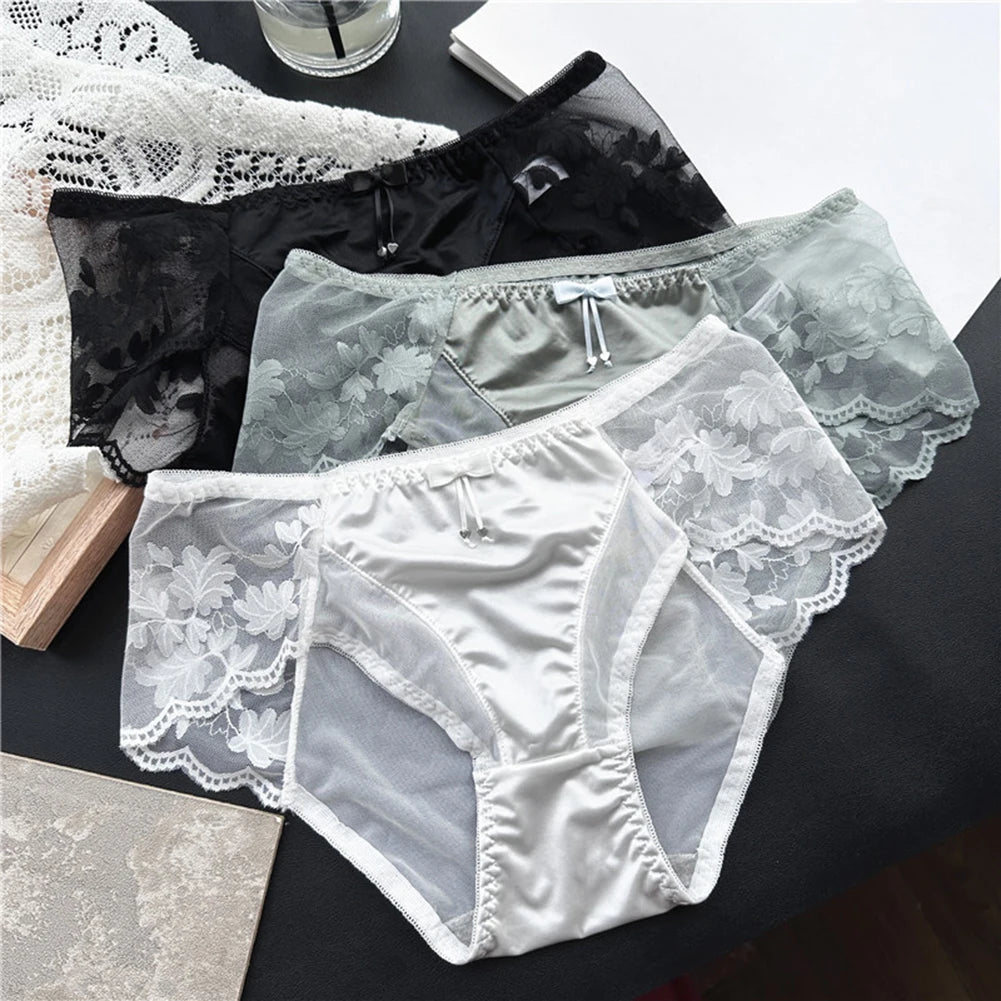 Sexy Women Panties French Style Lace Panty Satin Silk Seamless Briefs Breathable Lingerie Breathable Underwear Ultra-Thin Trunks