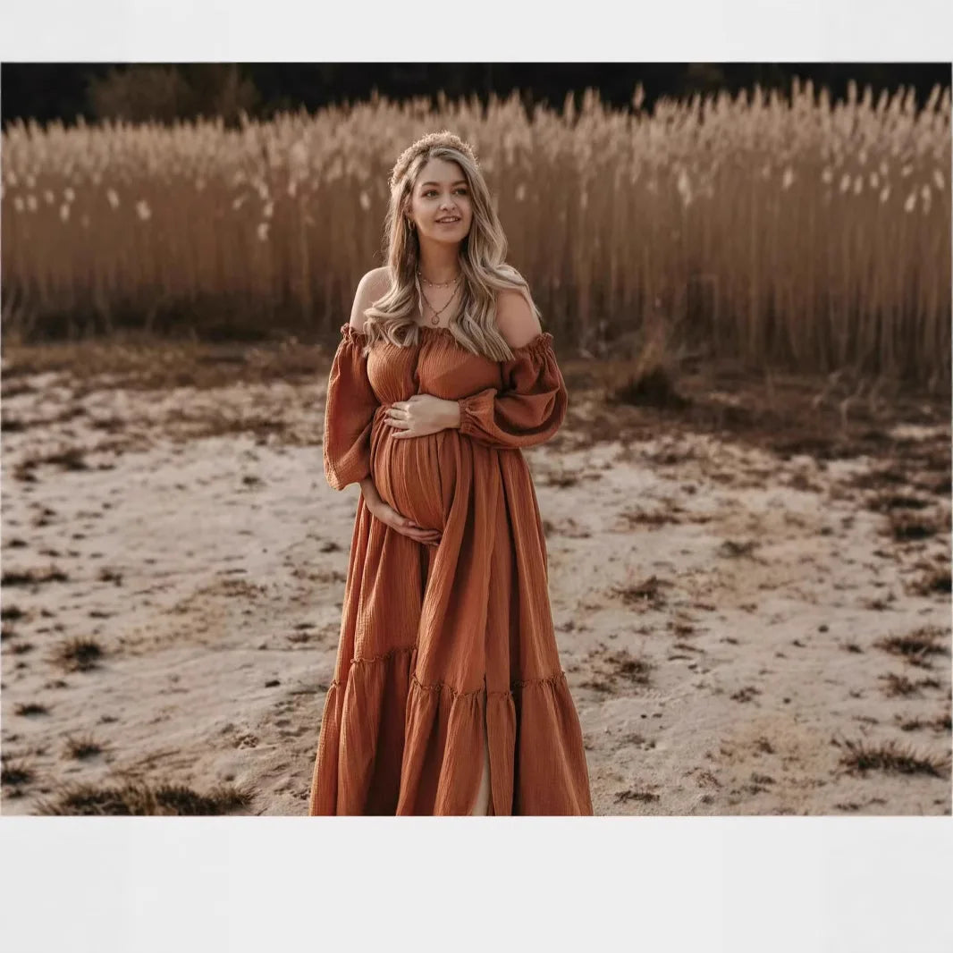 Maternity Photoshoot Dress - Sexy Off-Shoulder Gown Playful Puff Sleeves & Leg-Baring Slit Clothes for Pregnant Women Photograph