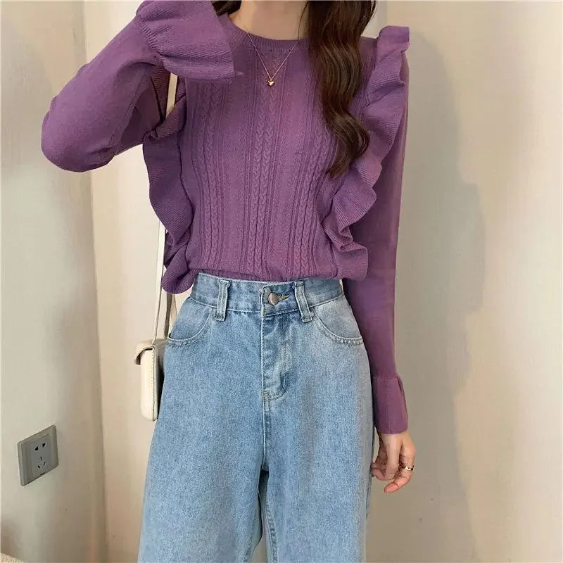 Ladies Sweaters Pullovers Round O Neck Grey Knitted Top for Women Jersey Winter 2025 Jumper Economics Long Sleeve Thermal Blouse