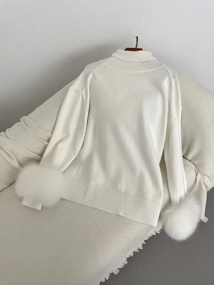 Sweater Women 2024 Autumn Winter Fashionable Sweaters with Real Fox Fur Sleeves Slim Fit Sweaters Fur Knitwear England Style