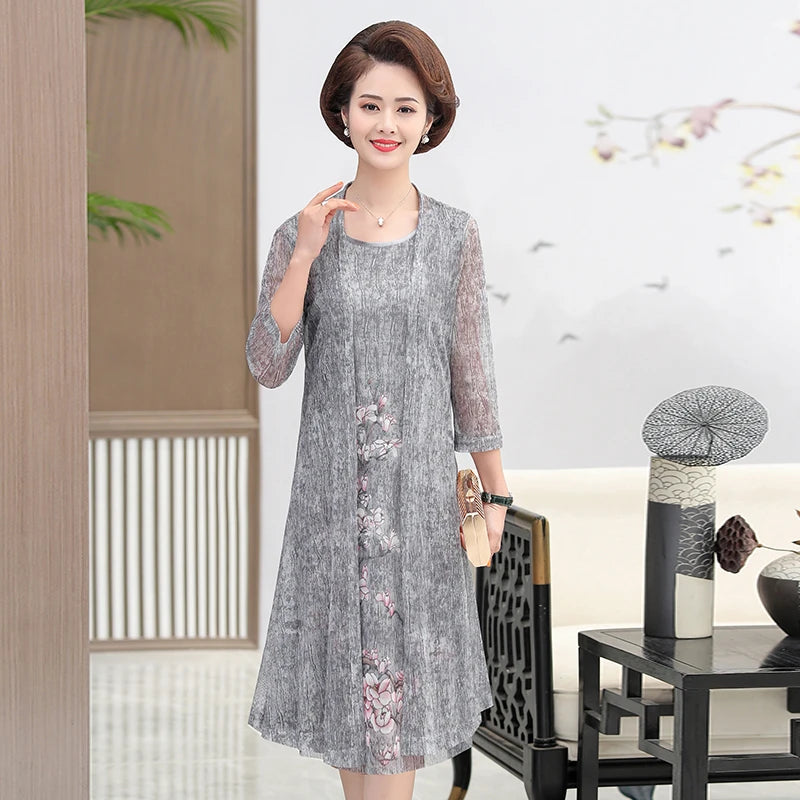 Elegant Dresses Women NEW Summer Casual Retro Temperament printing two Piece Set Dress Mother Dress plus Size