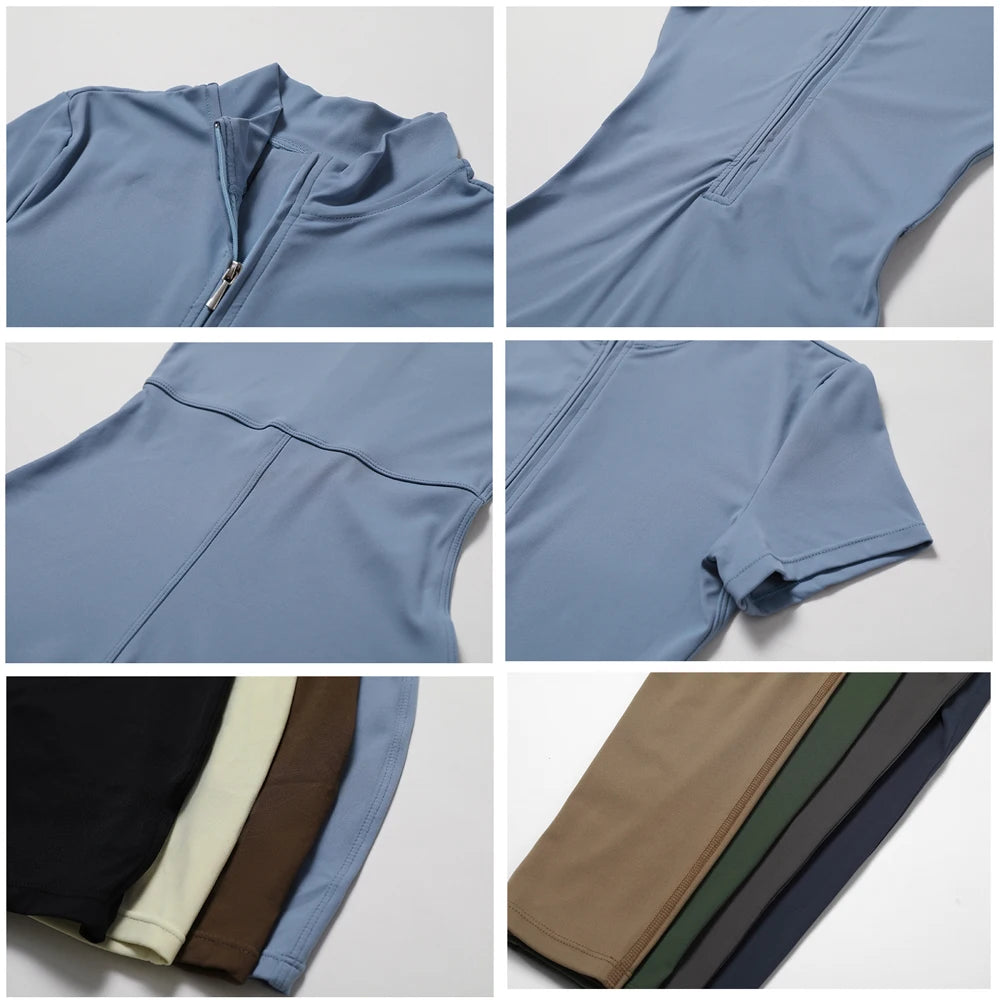 Women's High Elastic Yoga Bodysuit One-Piece Stand Collar Short Sleeve Gym Cycling Workout Sportswear