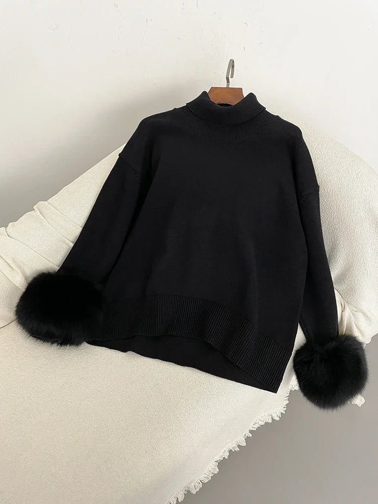 Sweater Women 2024 Autumn Winter Fashionable Sweaters with Real Fox Fur Sleeves Slim Fit Sweaters Fur Knitwear England Style