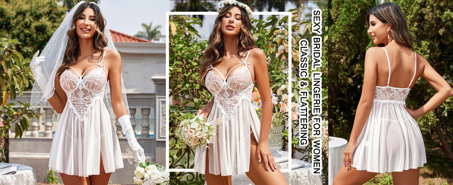 New Sexy Nightgown White Lace Babydoll Set Women's Romantic Sheer Floral Lingerie Flowy Skirt Chemise Mini Dress Hot Sale Nighty