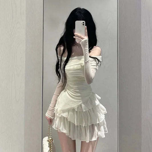 Skirts Sets Women Summer Slim Solid Irregular Skew Collar Ladies Long Sleeve T Shirt Fashion Chic Sweet Ruffles Ball Gown New