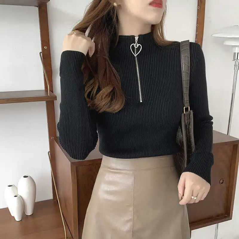 Sweater Women's Autumn and Winter New Semi-turtleneck Love Zipper Core-spun Yarn Bottomed Knitted Sweater Thermal Top