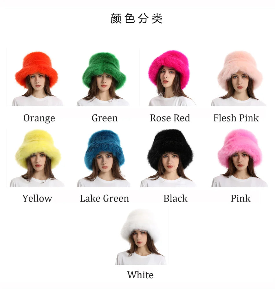 Hat Woman Winter Faux Fur Fisherman Hat Woman Versatile Warm Female Casual Party Fur Hats Women's Cap Ins Plush Bucket Hat