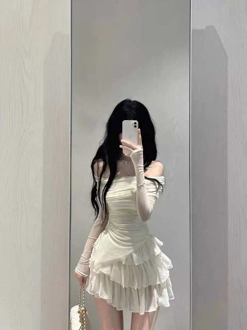 Skirts Sets Women Summer Slim Solid Irregular Skew Collar Ladies Long Sleeve T Shirt Fashion Chic Sweet Ruffles Ball Gown New