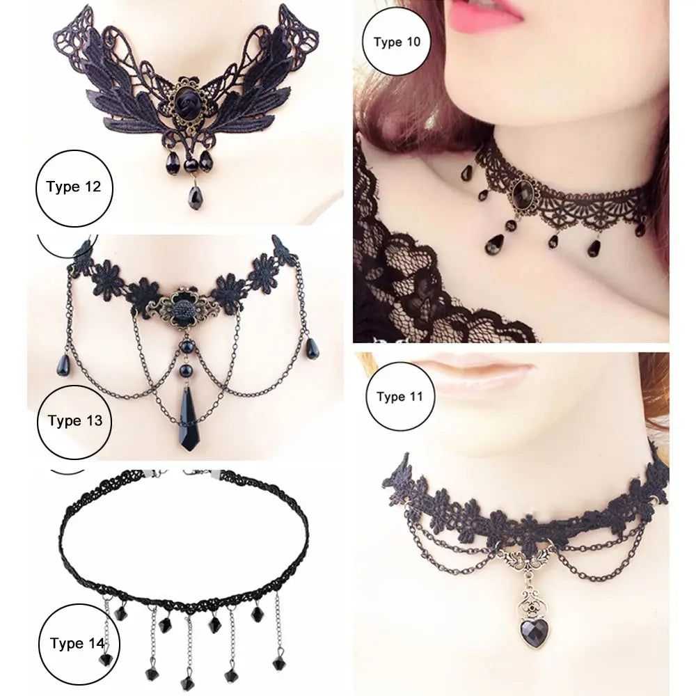 Sexy Black Lace Necklace Vintage Gothic Necklace Steampunk Style Beads Pendant Exquisite Women Choker Fashion Jewelry