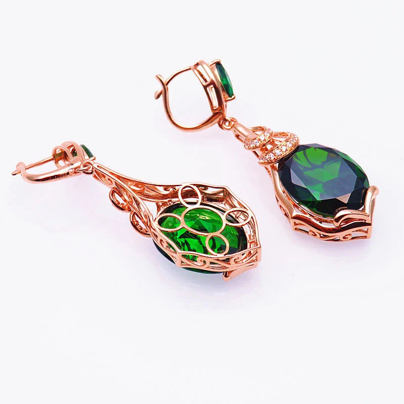 585 purple gold jewelry set plated 14K rose gold fashion luxury inlaid emerald earrings for women exquisite wedding necklace