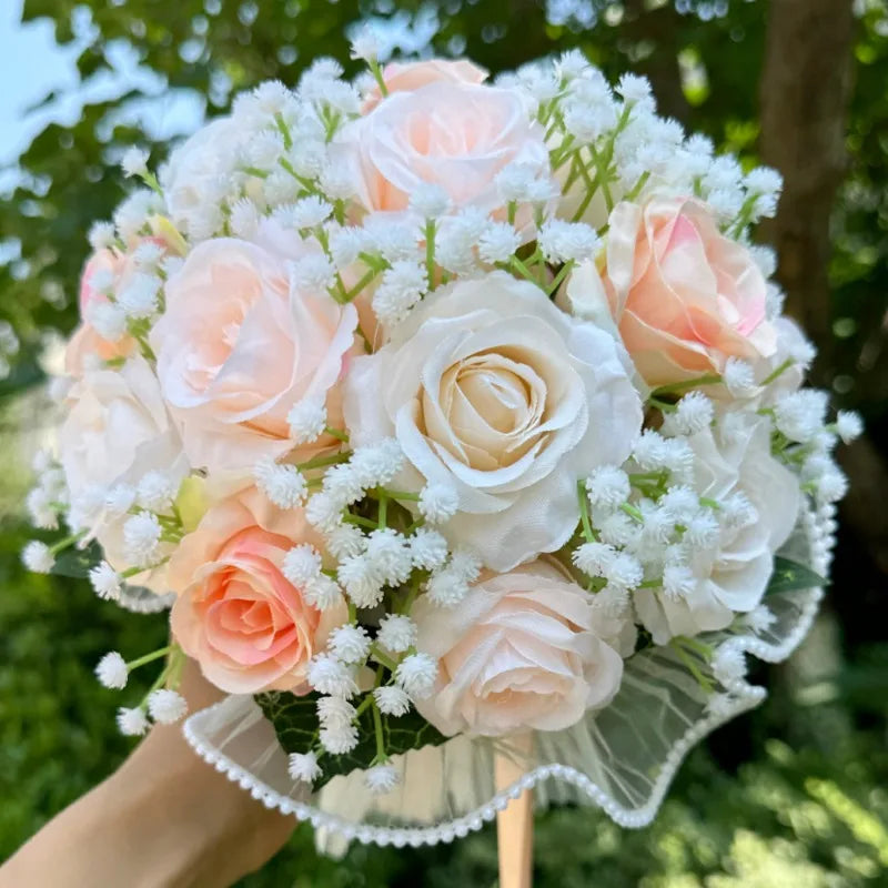 Wedding Bouquets for Bride Babysbreath Rose Bridesmaid Bouquets Silk Ribbon Valentine's Day Decoration Pearl Lace Mesh Ball Gift