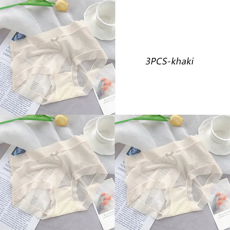 3PCS Women Seamless Panties Ice Silk Transparent Breathable Antibacterial Panty Mid-waist Briefs Cotton Underwear