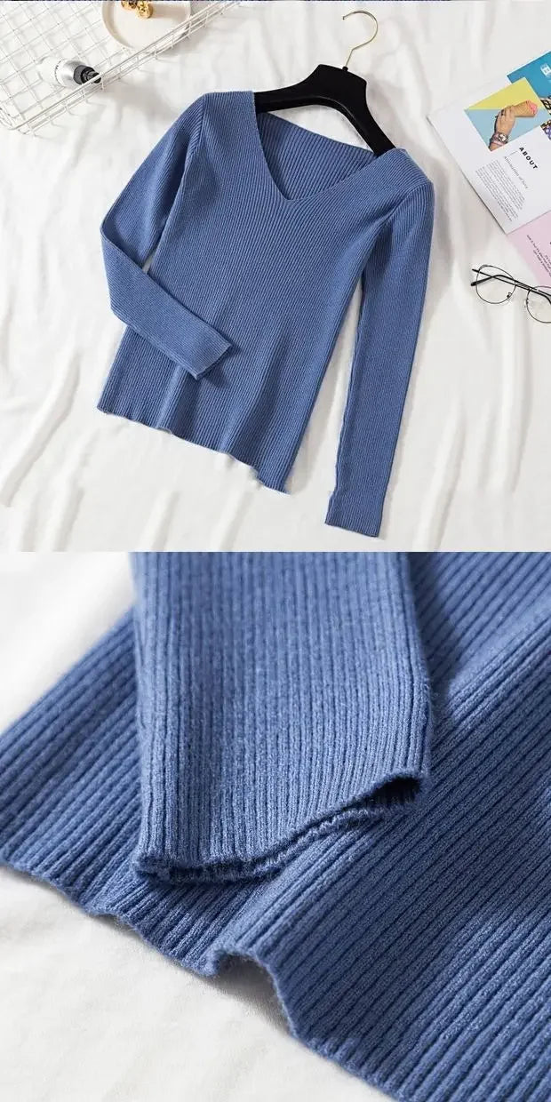 Women Sweater 2026 New Autumn Winter Long Sleeve Pullover Basic Top Fashion V-neck Elastic Female Winter Solid Knitted Jumper