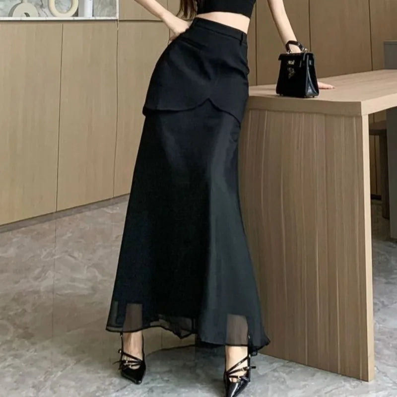 Fashion Skirts for Women All-match Black Cool Girls Summer High Waist Casual Ankle-length Loose A-line Patchwork New Fake 2 Pcs
