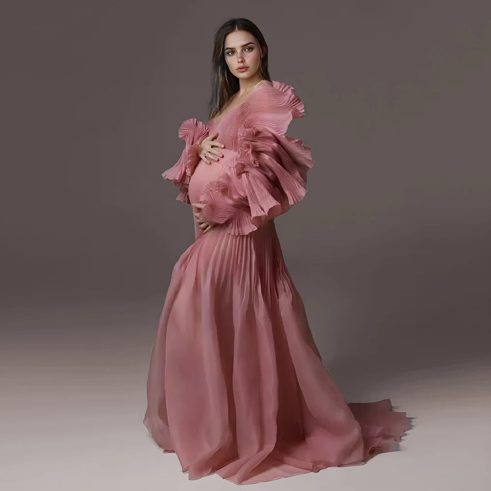 Maternity Dress for Pregnant Women for Photo Shoot V Neck Pleated Organza Long Flowy Maternity Dresses for Pregnant Photography