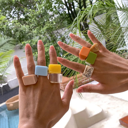 Resin Geometric Square Ring Cool Trendy Ring Simplicity Solid Ring Irregular Colorful Vintage Finger Ring For Women Man